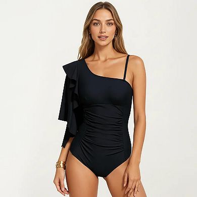 Women's One Shoulder Ruffle One Piece Swimsuit with Ruched Tummy Control Fit