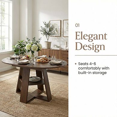 Extendable Round Dining Table for 4-8 People with Storage Shelf