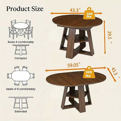 Extendable Round Dining Table for 4-8 People with Storage Shelf