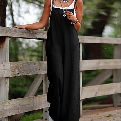 Womens Casual Loose Jumpsuits Boho Wide Leg Rompers Sleeveless Overalls with Pockets