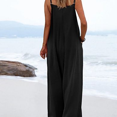 Womens Casual Loose Jumpsuits Boho Wide Leg Rompers Sleeveless Overalls with Pockets