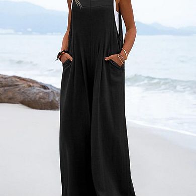 Womens Casual Loose Jumpsuits Boho Wide Leg Rompers Sleeveless Overalls with Pockets