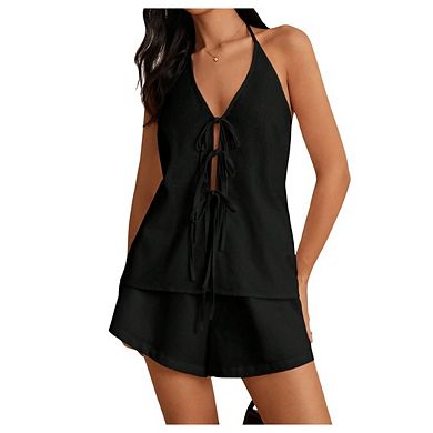 Women's 2 Piece Suits Tie Front Casual Trendy Sleeveless Vest Shirts Backless Tank Going Out Tops