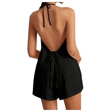 Women's 2 Piece Suits Tie Front Casual Trendy Sleeveless Vest Shirts Backless Tank Going Out Tops