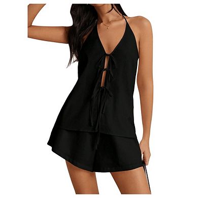 Women's 2 Piece Suits Tie Front Casual Trendy Sleeveless Vest Shirts Backless Tank Going Out Tops