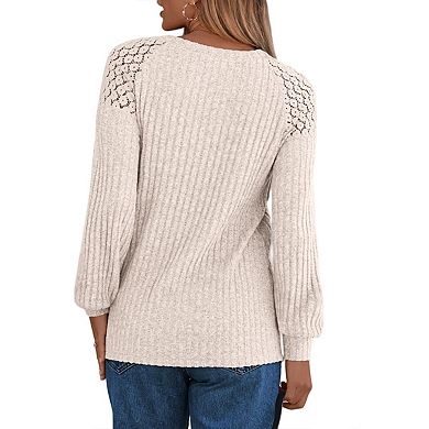 Womens Long Sleeve Tunic Tops Casual Crew Neck Dressy Shirt Lace Patchwork Blouses Pullover Sweaters