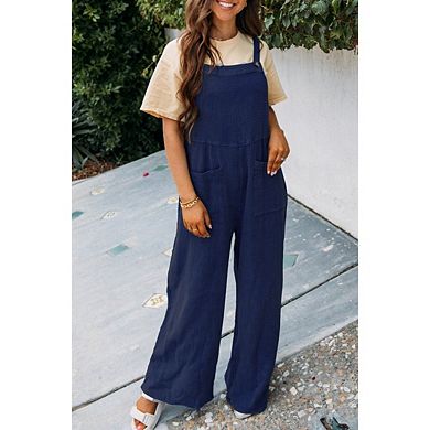Womens Casual Loose Jumpsuits Boho Wide Leg Rompers Sleeveless Overalls with Pockets