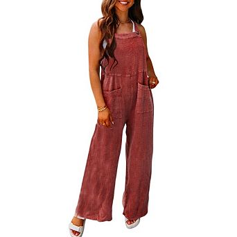 Womens Casual Loose Jumpsuits Boho Wide Leg Rompers Sleeveless Overalls with Pockets