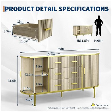 Fluted Sideboard Buffet Cabinet, Kitchen 59in Large Credenza Storage Cabinet