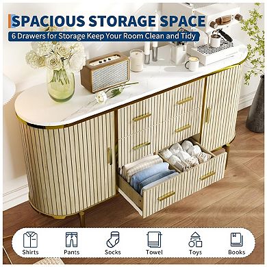 Fluted Sideboard Buffet Cabinet, Kitchen 59in Large Credenza Storage Cabinet