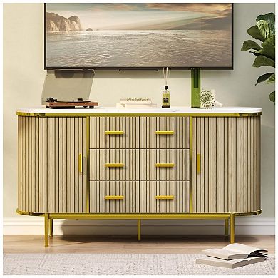Fluted Sideboard Buffet Cabinet, Kitchen 59in Large Credenza Storage Cabinet