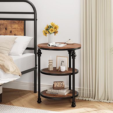 Round Storage End Table with 3 Open Shelves & Metal Legs, Farmhouse Bedroom Accent Table
