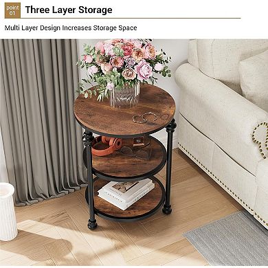 Round Storage End Table with 3 Open Shelves & Metal Legs, Farmhouse Bedroom Accent Table