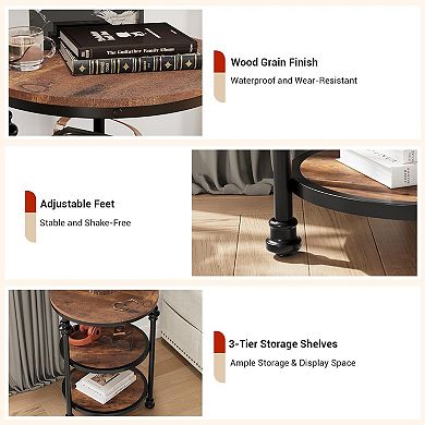 Round Storage End Table with 3 Open Shelves & Metal Legs, Farmhouse Bedroom Accent Table
