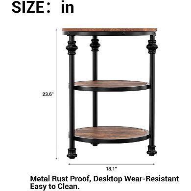 Round Storage End Table with 3 Open Shelves & Metal Legs, Farmhouse Bedroom Accent Table