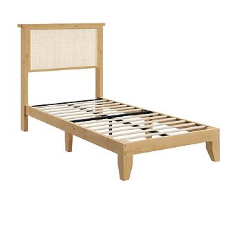 Boho Rattan Bed Frame with Natural Headboard - LED Lights, Wood Silent Slats, Noise-Free
