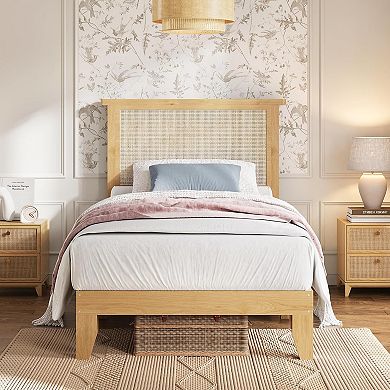 Boho Rattan Bed Frame with Natural Headboard - LED Lights, Wood Silent Slats, Noise-Free