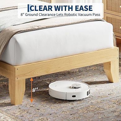 Boho Rattan Bed Frame with Natural Headboard - LED Lights, Wood Silent Slats, Noise-Free