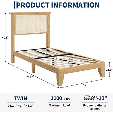 Boho Rattan Bed Frame with Natural Headboard - LED Lights, Wood Silent Slats, Noise-Free