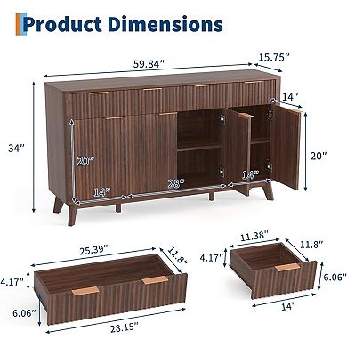 60" Large Fluted Buffet Sideboard Cabinet with Drawers, Modern Farmhouse Buffet Storage Cabinet