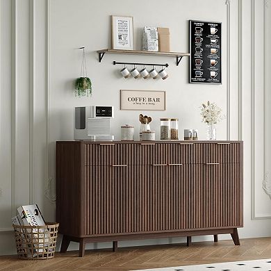 60" Large Fluted Buffet Sideboard Cabinet with Drawers, Modern Farmhouse Buffet Storage Cabinet