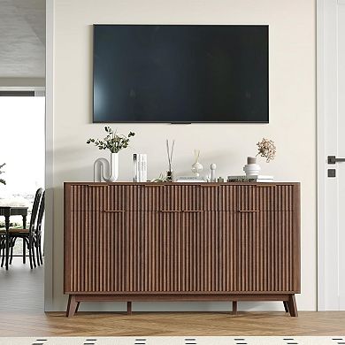 60" Large Fluted Buffet Sideboard Cabinet with Drawers, Modern Farmhouse Buffet Storage Cabinet