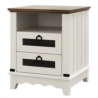 Farmhouse Nightstand with Charging Station, 2 Drawers & USB Ports, 18 Inch Bedside Table