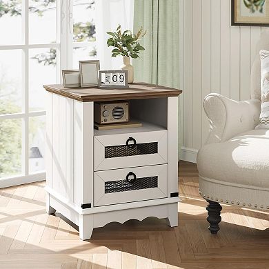 Farmhouse Nightstand with Charging Station, 2 Drawers & USB Ports, 18 Inch Bedside Table
