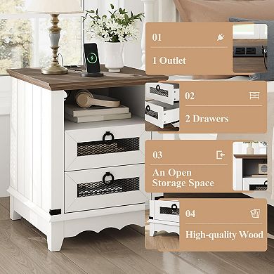 Farmhouse Nightstand with Charging Station, 2 Drawers & USB Ports, 18 Inch Bedside Table
