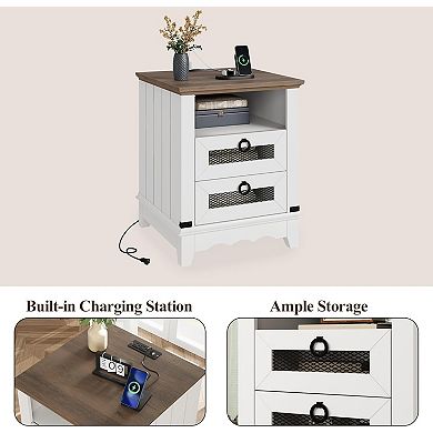 Farmhouse Nightstand with Charging Station, 2 Drawers & USB Ports, 18 Inch Bedside Table