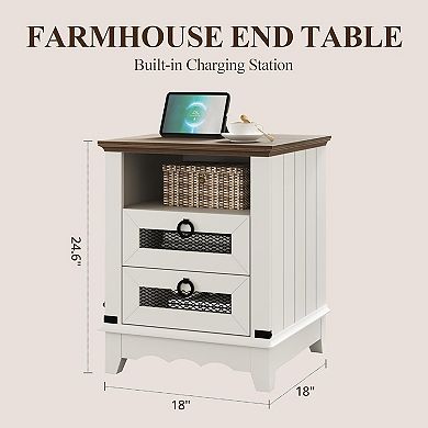 Farmhouse Nightstand with Charging Station, 2 Drawers & USB Ports, 18 Inch Bedside Table