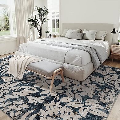 Area Rug Botanical Floral Leaf Printed Accent Carpet with Non-Slip Backing