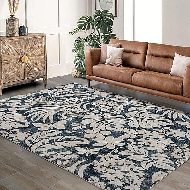 Area Rug Botanical Floral Leaf Printed Accent Carpet with Non-Slip Backing