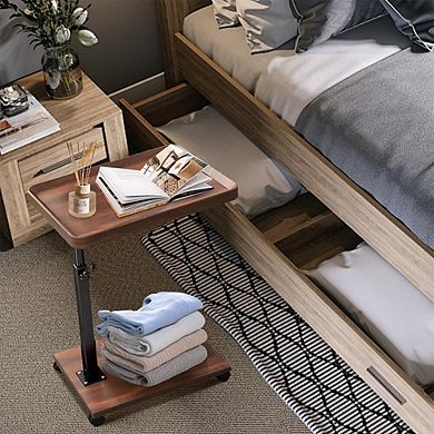 C-Shape Adjustable Height End Table, 360° Swivel Wood & Metal Side Table with Wheels - Snack Sofa