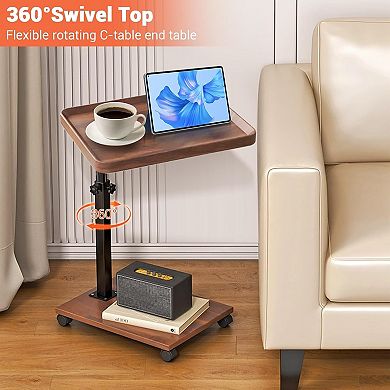 C-Shape Adjustable Height End Table, 360° Swivel Wood & Metal Side Table with Wheels - Snack Sofa
