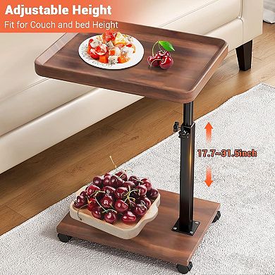 C-Shape Adjustable Height End Table, 360° Swivel Wood & Metal Side Table with Wheels - Snack Sofa
