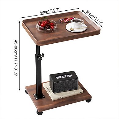 C-Shape Adjustable Height End Table, 360° Swivel Wood & Metal Side Table with Wheels - Snack Sofa