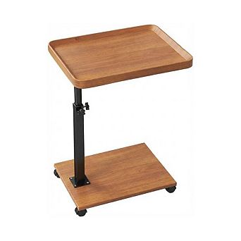 C-Shape Adjustable Height End Table, 360° Swivel Wood & Metal Side Table with Wheels - Snack Sofa