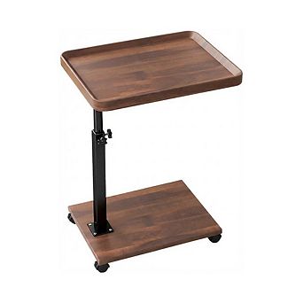 C-Shape Adjustable Height End Table, 360° Swivel Wood & Metal Side Table with Wheels - Snack Sofa