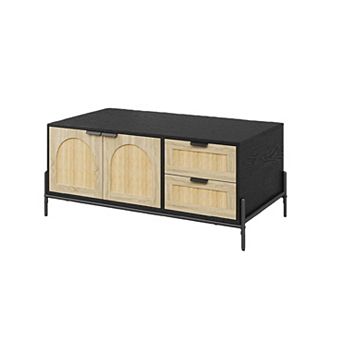 Wooden Coffee Table with Storage, Rattan Mid Century Modern Coffee Table