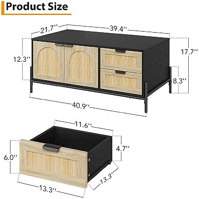 Wooden Coffee Table with Storage, Rattan Mid Century Modern Coffee Table
