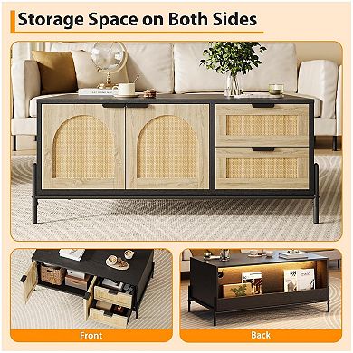 Wooden Coffee Table with Storage, Rattan Mid Century Modern Coffee Table