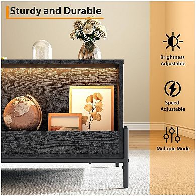 Wooden Coffee Table with Storage, Rattan Mid Century Modern Coffee Table