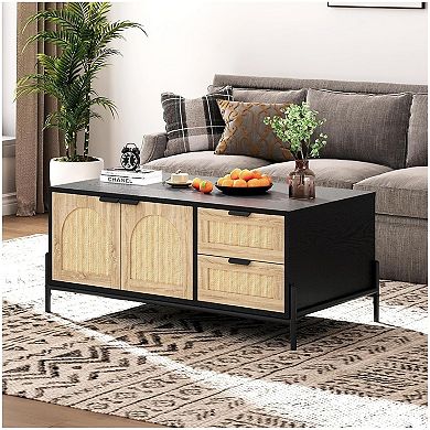Wooden Coffee Table with Storage, Rattan Mid Century Modern Coffee Table