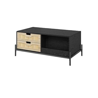 Farmhouse Living Room Table with Open Storage Shelf, Rattan Coffee Table