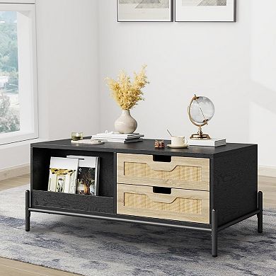 Farmhouse Living Room Table with Open Storage Shelf, Rattan Coffee Table