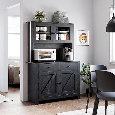 Tall Freestanding Storage Cabinet, Features 4 Doors & Adjustable Shelves, for Kitchen & Dining Room