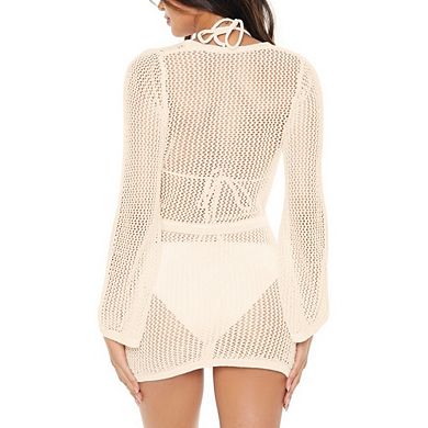 Women's Crochet Knit Cover-Up Dress Pullover Long Sleeve Mini Length Sheer Mesh for Beach Vacation