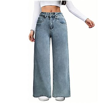 Women's Wide Leg Jeans Casual Y2K High Waist Washed Denim Pants with Bow Embroidery Back Pockets