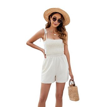 Womens Casual Romper Tie Shoulder Straps Smock Bodice Loose Fit Shorts Summer Jumpsuit with Pockets